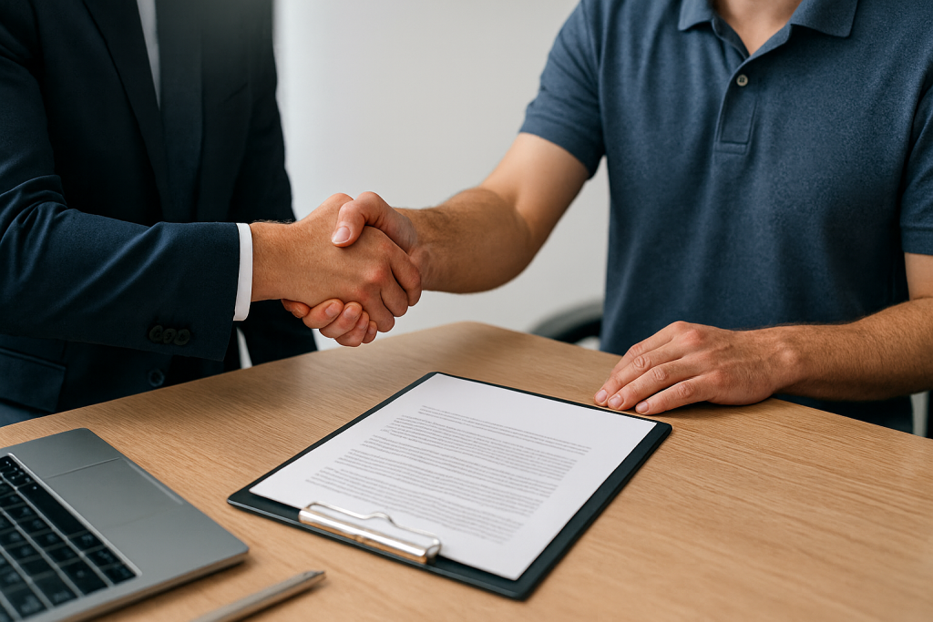 A business owner shaking hands in a gesture of understanding, a metaphor for satisfaction with Maplewood's services.